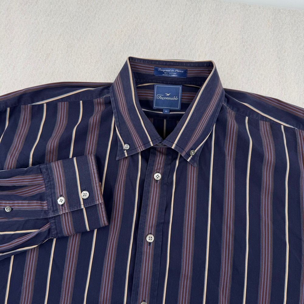 Faconnable Mens XL Long Sleeve Button Down Navy Blue Striped Cotton Casual